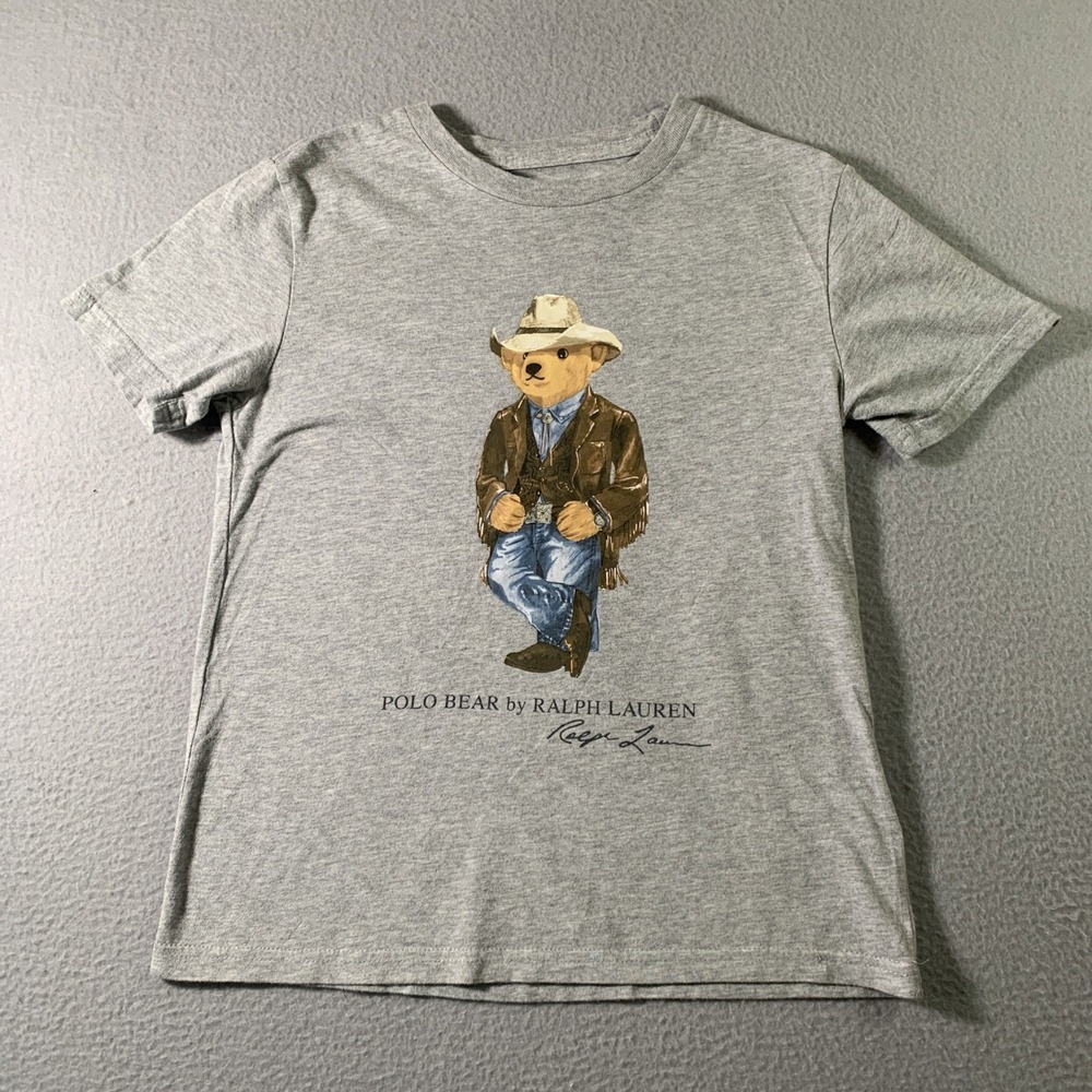 Polo Ralph Lauren Boys Small Gray Polo Bear Cowboy Graphic Cotton T Shirt Logo